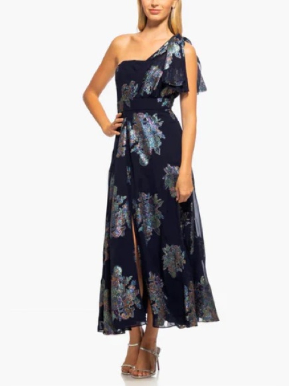 Shoshanna Midnight Navy Metallic One-Shoulder Floral Gown size 8